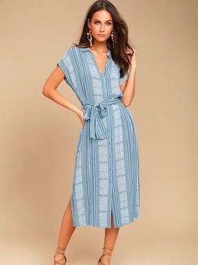 Lulu's Blue Striped Tie-Waist Midi Dress